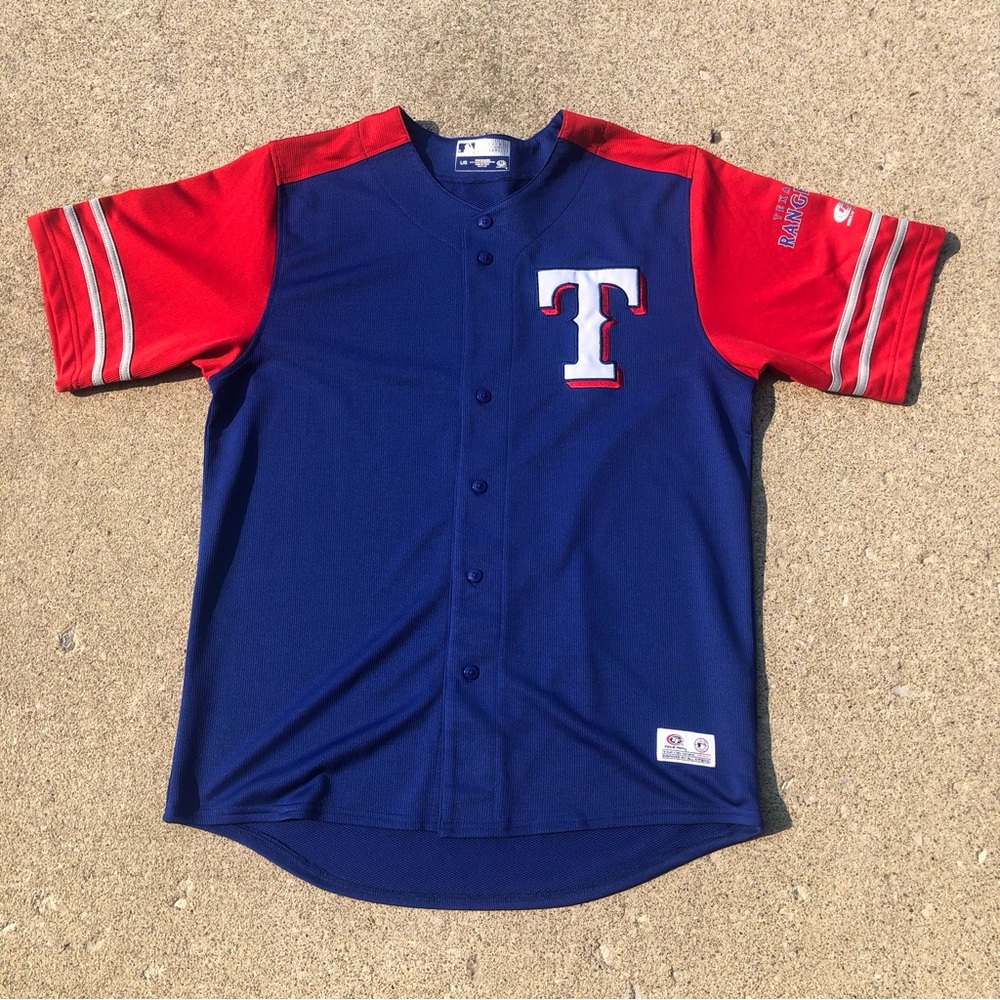 Texas Rangers MLB True Fan Blue Red Baseball Jersey Size Large Patch